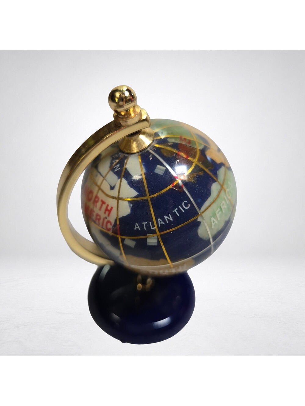 Vintage Gemstone World Globe 3.5in Brass Stand Paperweight